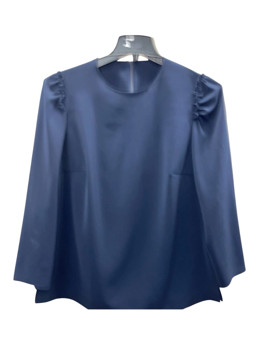 Akris Navy Long Ruffled Sleeve Round-Neck Blouse Sz 12 EUC